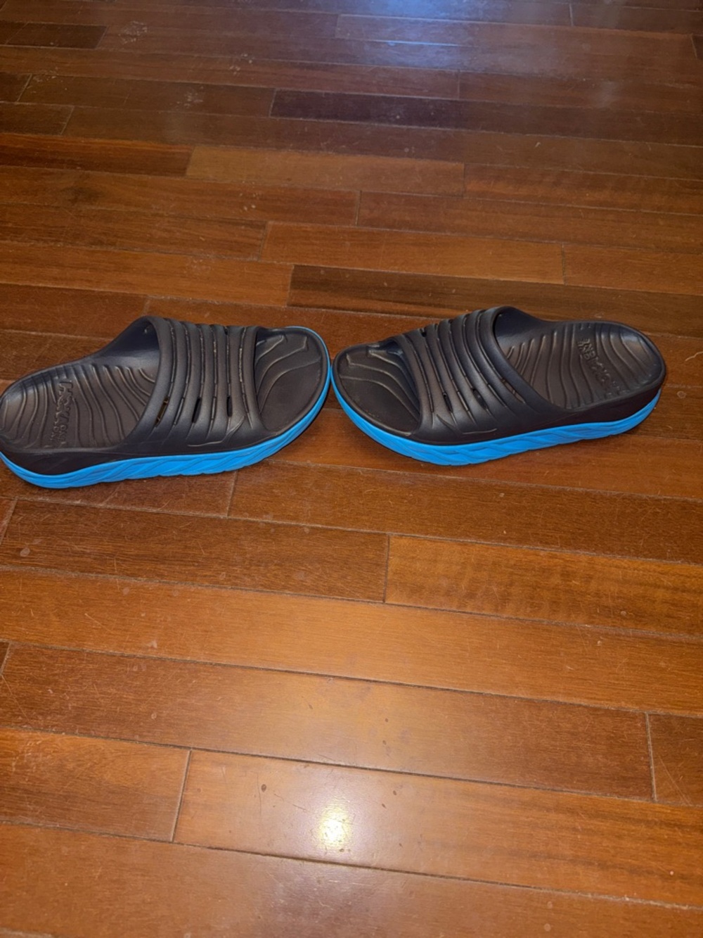 Hoka Men's Black Slide Sandals with Blue Midsoles - Picture 6 of 10